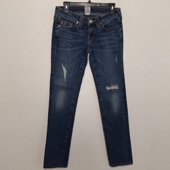 True Religion Low Rise Grunge World Tour Factory Distressed Denim Jeans Size 27 - Picture 2 of 12